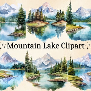 12 PNG Aquarell Bergsee Clipart, Wald Clipart, Berglandschaft, Naturlandschaft, kommerzielle Nutzung, digitales Bundle