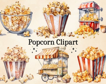 Clipart aquarel popcorn: bioscoopsnacks, popcornkraam (digitale bundel)