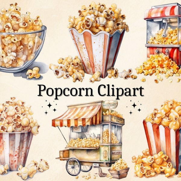 16 PNG Watercolor Popcorn Clipart, Popcorn Bowl Clip art, Popcorn Stand, Popcorn Maker, Popcorn Machine, Movie Theater Snack, Digital Bundle