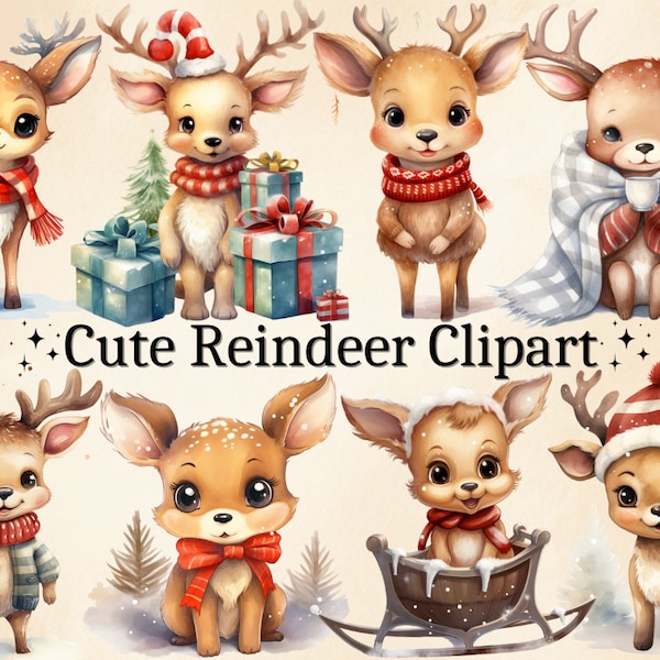 30 PNG Watercolor Cute Reindeer Clipart, Christmas Reindeers, Woodland Animals, Winter Holiday Clipart, Baby Reindeers, Digital Bundle