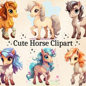 10 PNG Watercolor Cute Horse Clipart, Cartoon Horse PNG, Nursey Decor, Baby Shower, Commercial Use, PNG Bundle
