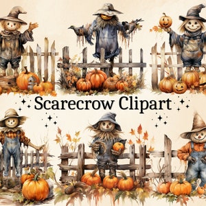 16 PNG Watercolor Scarecrow Clipart, Halloween Scarecrow Clipart, Fall Scarecrow, Autumn Scarecrow, Pumpkins, Cute Halloween Digital Bundle