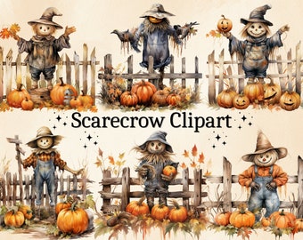 16 PNG Watercolor Scarecrow Clipart, Halloween Scarecrow Clipart, Fall Scarecrow, Autumn Scarecrow, Pumpkins, Cute Halloween Digital Bundle