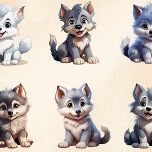 Puede incluir: Seis cachorros de lobo de dibujos animados en varias poses, con diferentes colores de pelo, incluyendo blanco, gris y marr&oacute;n. Los cachorros est&aacute;n todos sentados sobre un fondo beige claro.
