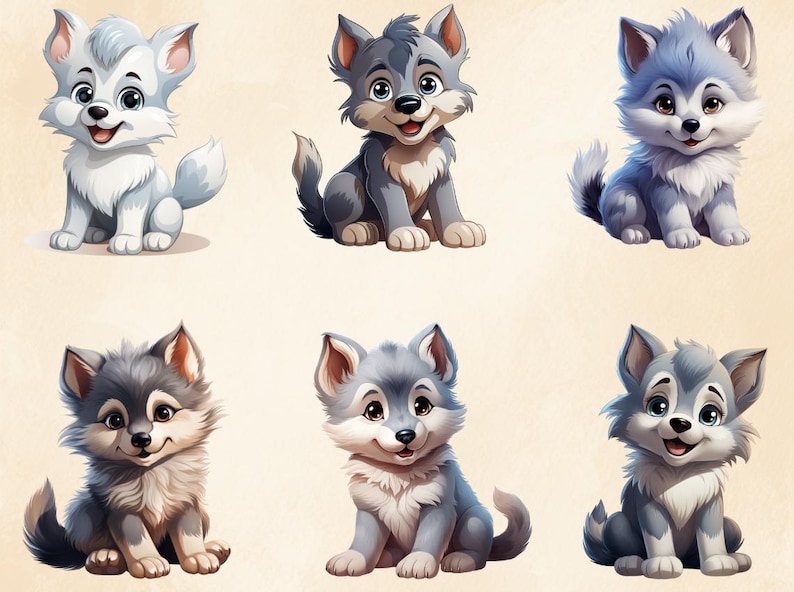 Puede incluir: Seis cachorros de lobo de dibujos animados en varias poses, con diferentes colores de pelo, incluyendo blanco, gris y marr&oacute;n. Los cachorros est&aacute;n todos sentados sobre un fondo beige claro.