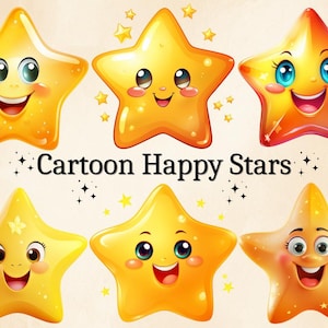 12 PNG Desenhos animados Estrelas felizes, Clipart de estrela fofa, Clipart de berçário, Estrela amarela PNG, Estrelas de bebê, Uso comercial, Pacote digital