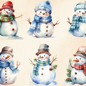 May include: Six watercolour illustrations of snowmen with different coloured hats and scarves. The snowmen are all smiling and have a carrot nose.