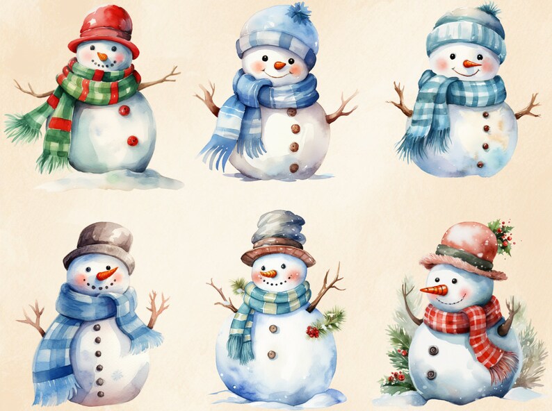 May include: Six watercolour illustrations of snowmen with different coloured hats and scarves. The snowmen are all smiling and have a carrot nose.