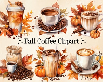 Watercolor Fall Coffee Clipart: Autumn Mugs, Cups, Bags (PNG Digital Bundle)
