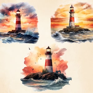 May include: Three watercolor paintings of lighthouses on rocky islands in the ocean. Each lighthouse is red and white with a black roof. The sky is a vibrant orange and yellow sunset. The ocean is blue and green with white waves.