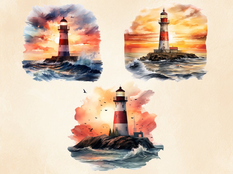 May include: Three watercolor paintings of lighthouses on rocky islands in the ocean. Each lighthouse is red and white with a black roof. The sky is a vibrant orange and yellow sunset. The ocean is blue and green with white waves.