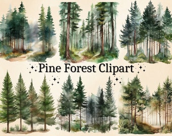 Clipart di foresta di pini ad acquerello: paesaggio boschivo PNG (pacchetto digitale)