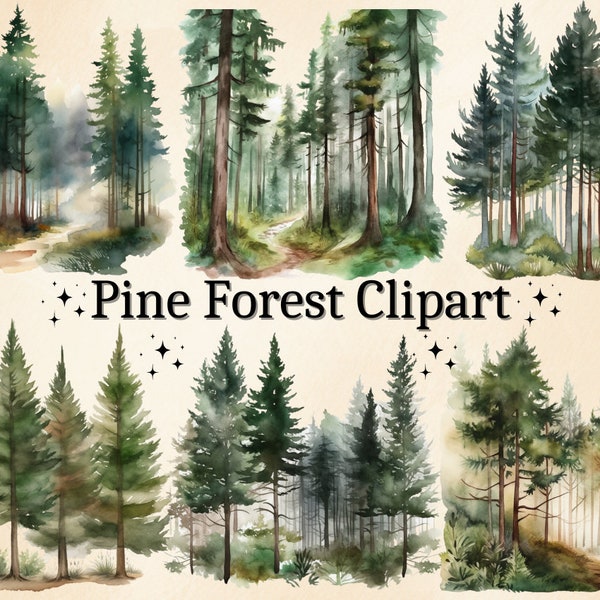 16 PNG Watercolor Pine Forest Clipart, Forest Tree Clip Art, Woodland Trees, Forest Landscape, Watercolor Trees, Woods Trees, Digital Bundle
