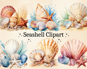 Watercolor Seashell Clipart: 18 PNG Nautical Beach Graphics (Digital Download)
