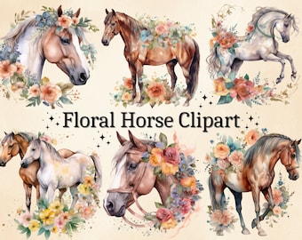 18 PNG Watercolor Floral Horse Clipart, Flower Horse Clipart, Fantasy Horse Clip Art, Horse Illustration Bundle