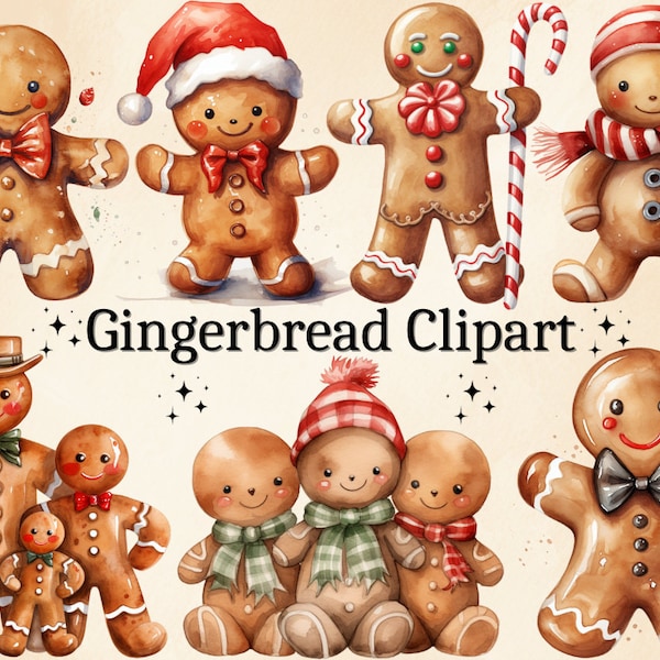 30 PNG Watercolor Gingerbread Man Clipart, Cute Gingerbread Clipart, Christmas Clipart, Winter Gingerbreads, Holiday Decor, Digital Bundle