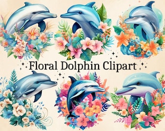 Clipart de golfinho floral em aquarela: pacote de verão tropical PNG (uso comercial)