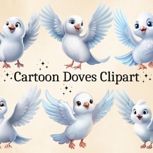 12 PNG Cute Dove Clipart, Cartoon Doves, White Dove PNG, Transparent Background, Commercial Use, Card Making, Digital Download