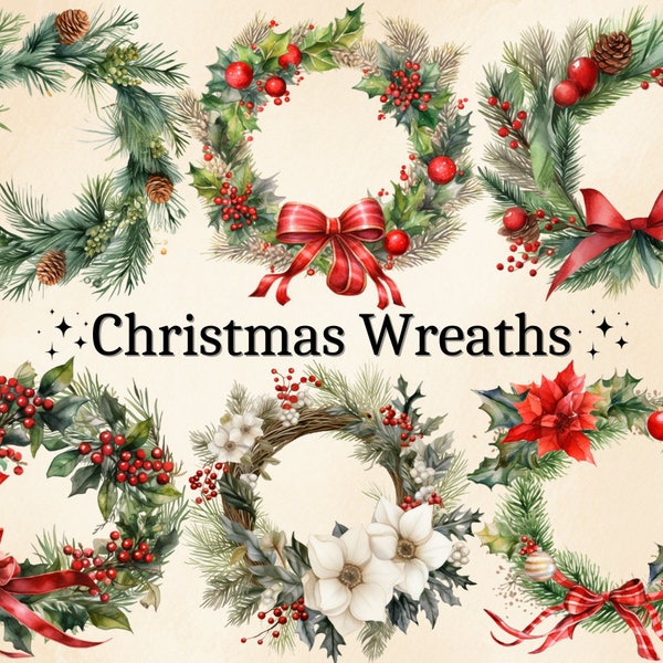 15 PNG Watercolor Christmas Wreath Clipart, Christmas Border Clip Art, Holiday Frames, Winter Clipart, Card Making, Digital Bundle