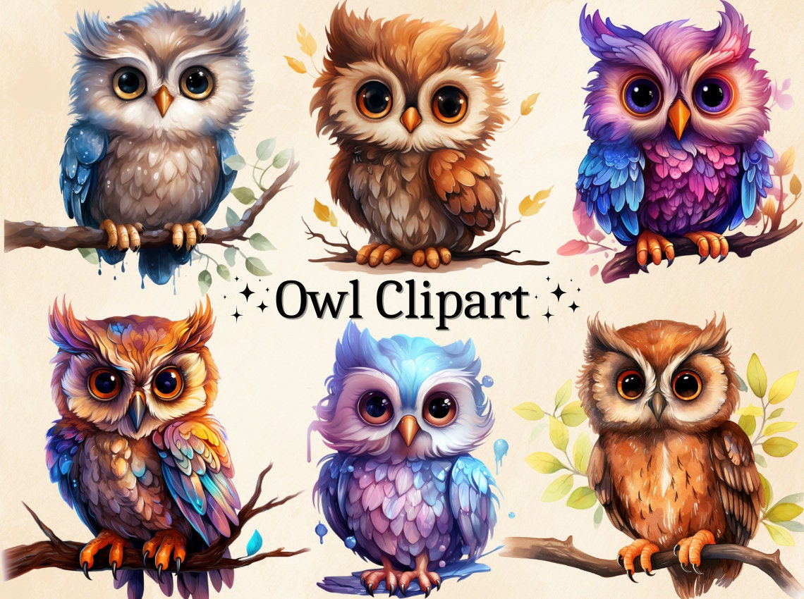 Watercolor Owl Clipart: 16 Colorful PNG Images (Commercial Use)