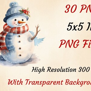 May include: 30 watercolour illustrations of a snowman wearing a blue hat and red and blue striped scarf. The snowman is 5 inches tall and the images are high resolution PNG files with transparent backgrounds.