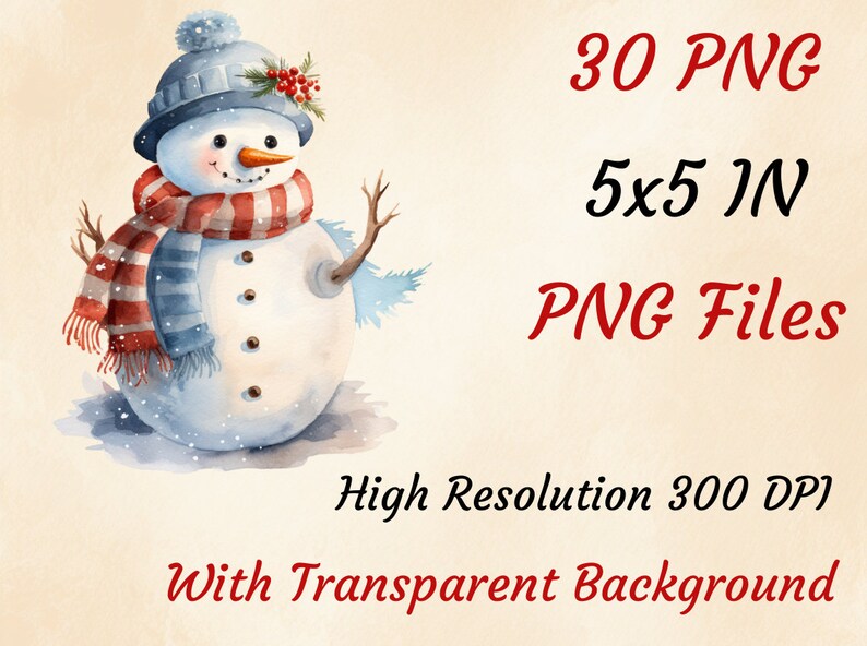 May include: 30 watercolour illustrations of a snowman wearing a blue hat and red and blue striped scarf. The snowman is 5 inches tall and the images are high resolution PNG files with transparent backgrounds.
