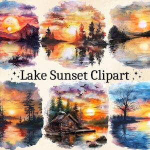 May include: Six watercolour illustrations of lake sunsets. Each image features a different scene, including a mountain range, a cabin, and a lone tree. The sunsets are depicted in shades of orange, yellow, and pink, with reflections in the water.