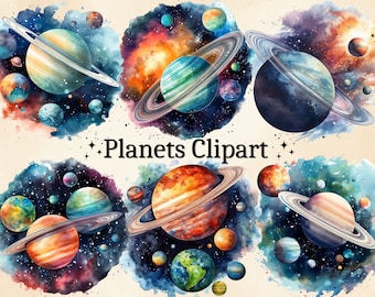 Watercolor Planets Clipart: Space Astronomy PNG Set (Digital Download)