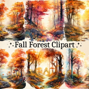22 PNG Watercolor Fall Forest Clipart, Magical Forest Clipart, Fantasy Fall Forest, Autumn Magical Forest, Colorful Forest, Digital Bundle