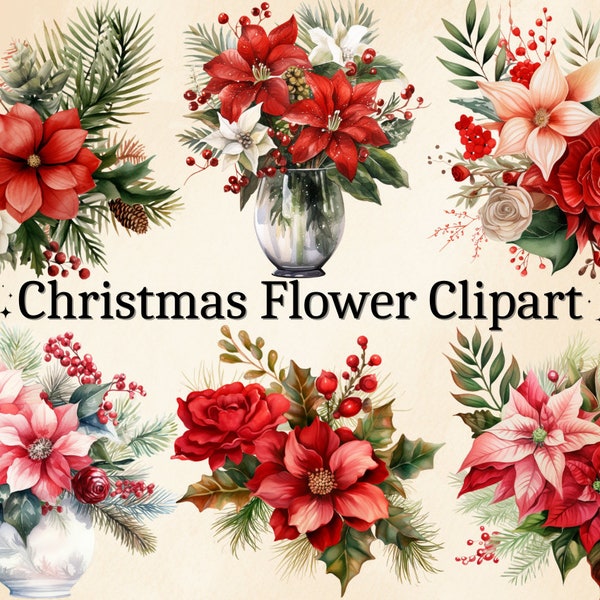 25 PNG Watercolor Christmas Flower Clipart, Christmas Clipart, Winter Flowers, Christmas Floral, Red Bouquets, Holiday Decor, Digital Bundle