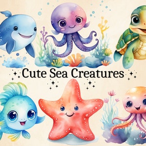 18 PNG Watercolor Cute Sea Creatures Clipart, Ocean Animals, Underwater Art, Nursey Decor, Baby Shower, Commercial Use, PNG Bundle
