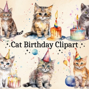 16 PNG Watercolor Birthday Cat Clipart, Funny Birthday Party Cat PNG Bundle, Cat with Cake, Happy Birthday Clip Art, Cat Party Clip Art