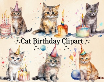 16 PNG Watercolor Birthday Cat Clipart, Funny Birthday Party Cat PNG Bundle, Cat with Cake, Happy Birthday Clip Art, Cat Party Clip Art
