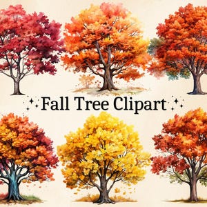 以下が含まれることがあります： 赤、オレンジ、黄色の葉が様々な色合いで描かれた、秋の樹木の水彩画イラストが6つあります。木々は白い背景に切り取られています。木の下には黒い文字で「Fall Tree Clipart」と書かれています。