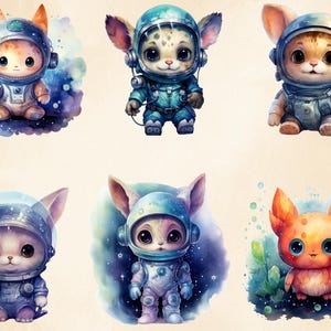 12 PNG Watercolor Cute Space Creatures Clipart, Space Animals, Alien ...