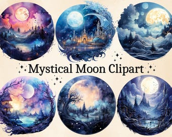 Clipart mystieke maan: aquarel hemelse png-bundel (digitale download)