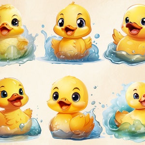 May include: Six cartoon yellow ducklings are shown swimming in blue water. Each duckling has large, round eyes and a happy expression. The ducklings are in various poses, some with their wings spread out, some with their heads tilted, and some with their beaks open.