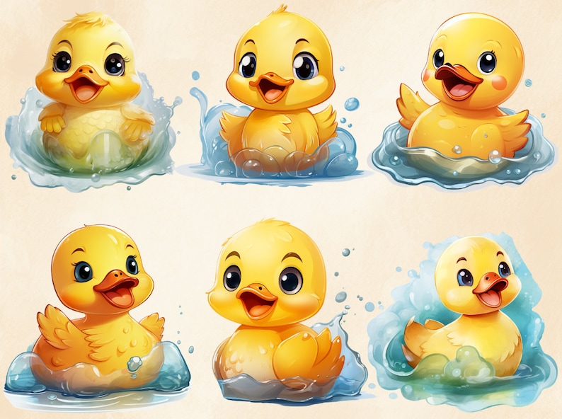 May include: Six cartoon yellow ducklings are shown swimming in blue water. Each duckling has large, round eyes and a happy expression. The ducklings are in various poses, some with their wings spread out, some with their heads tilted, and some with their beaks open.