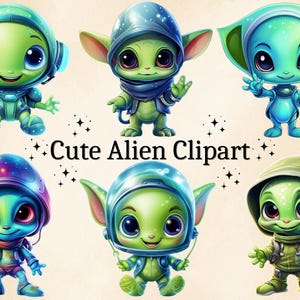 12 PNG Watercolor Cute Alien Clipart, Space Aliens PNG, Nursery Images, Baby Shower, Commercial Use, Transparent Background, Digital Bundle