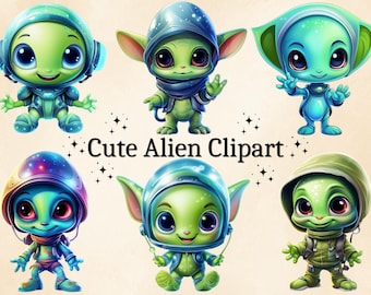 12 PNG Acuarela Lindo Extraterrestre Clipart, Extraterrestres PNG, Imágenes de guardería, Baby Shower, Uso comercial, Fondo transparente, Paquete digital