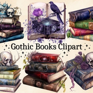 18 PNG aquarel Gothic Books Clipart, Skull Gothic Book Clip Art, Gothic Fantasy Book Art, Floral Book Bundle PNG, Book Stack Bundel PNG