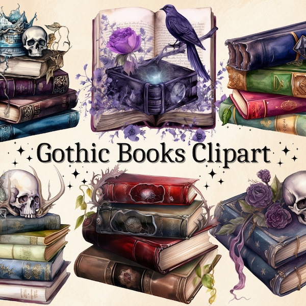 18 PNG Watercolor Gothic Books Clipart, Skull Gothic Book Clip Art, Gothic Fantasy Book Art, Floral Book Bundle PNG, Book Stack Bundle PNG