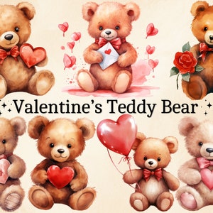 18 PNG Watercolor Valentines Teddy Bear Clipart, Valentine Bears, Valentine&#39;s Day, Love Clipart, Red Hearts, Commercial Use, Transparent