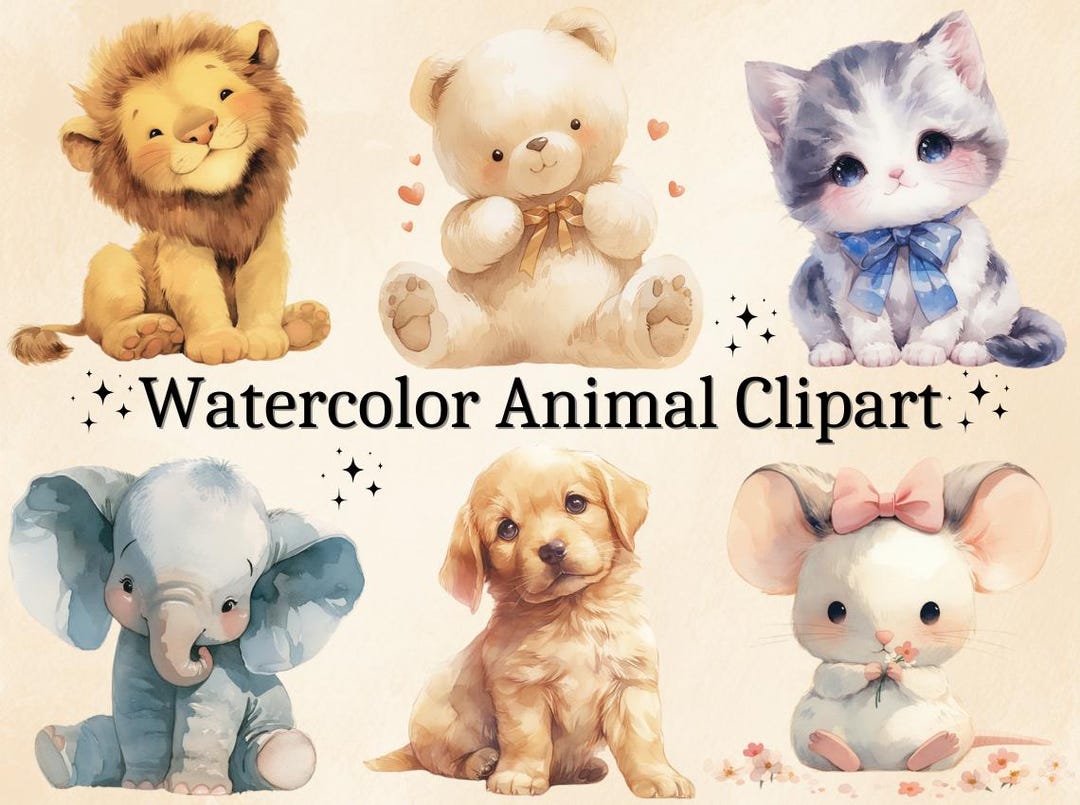 14 PNG Watercolor Animal Clipart, Nursery Decor, Baby Shower PNG, Cute ...