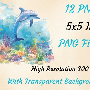 Akvarell tropisk delfin clipart: Havsdjur PNG-paket (digital nedladdning) bild 2
