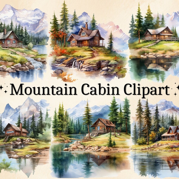 18 PNG Mountain Cabin Clipart, Mountain Cabin Landscape, Cozy Cabin Scenery, Watercolor Mountains, Cabin Lake Clipart, Mountain River Bundle