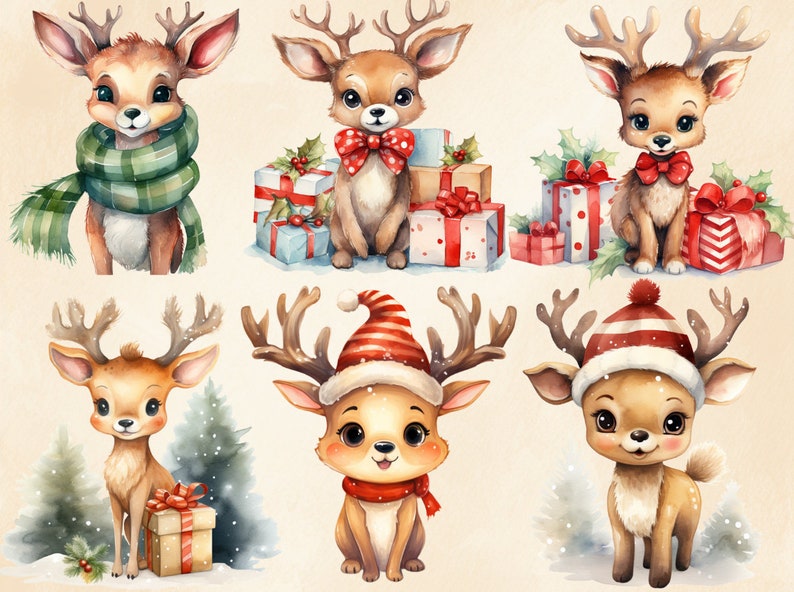 30 PNG Aquarelle Mignon Renne Clipart, Rennes de Noël, Animaux des bois