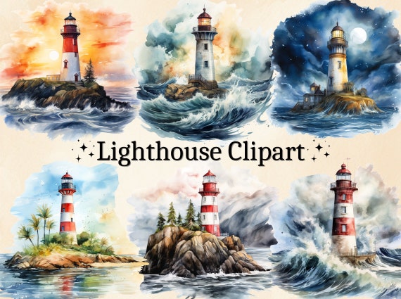 Watercolor Lighthouse Clipart: Coastal Nautical PNG Bundle (Digital Download)