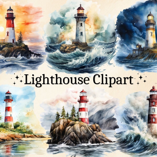 21 PNG Watercolor Lighthouse Clipart, Nautical Clip Art, Light House Images, Seaside Clipart, Coastal Beacons, Digital Bundle