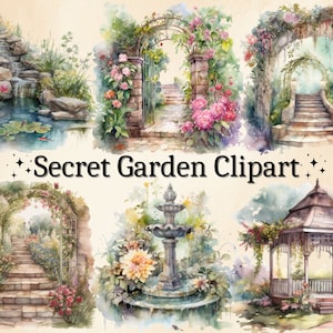 16 PNG Aquarell Secret Garden Clipart, Fantasy Garden Clip Art, Magische Gartenkunst, Gartentore, Bundle, für Hochzeitseinladungen